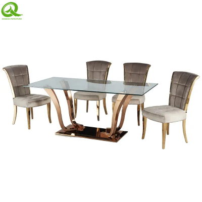 modern gold stainless steel clear glass top dining table event dining table