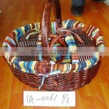 set of 3 wholesale cheap oval graceful dark brown willow basket for storage with handle and fabric liner