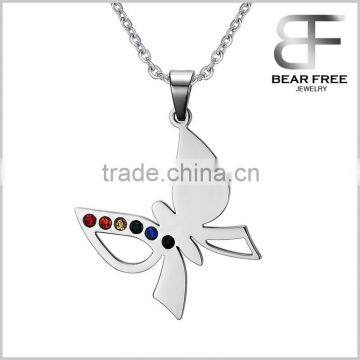 Womens Lesbian Silver Stainless Steel Cubic Zirconia Cute Butterfly Rainbow LGBT Pride Pendant Necklace