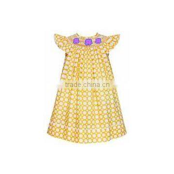 Embroidery Children Clothing girls khaki tan white dots smocked bishop dress Baby Girls Dresses