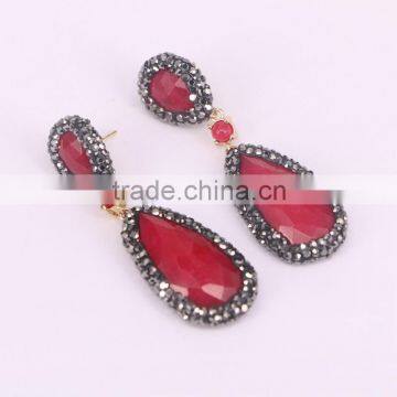 Fashion Red Malaysian Jade Stone Stud Earrings, Water Drop Pave Crystal Zircon Druzy Earrings