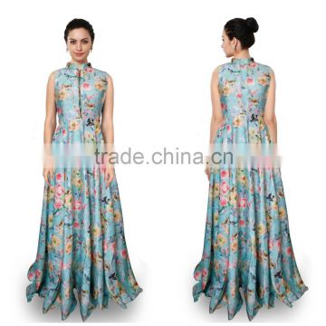 Ethnic Sky Blue Pure Satin Gown Style Suit/Buy Online Gown Dresses