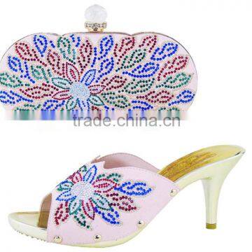 PU leather women shoes mix flower design hand bag shoes & bag set for girls