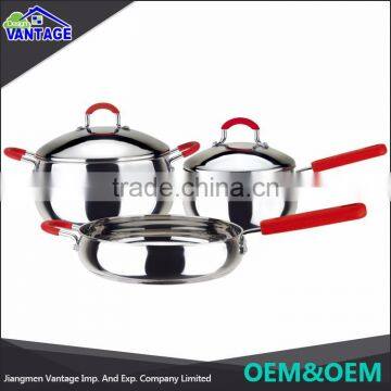 Wholesale mirror polish stainless steel 3 pcs kitchen cookware with silicone handle and Knob