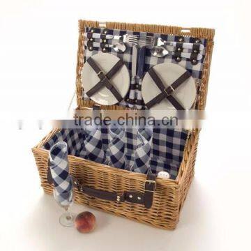 WILLOW PICNIC BASKET 4 PERSON OUTDOOR WICKER HAMPER SET PLATES CUTLERY