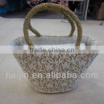 natural seagrass handmade fashion lace bag with long handle