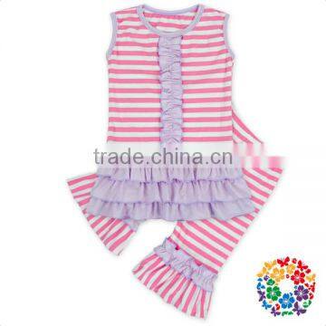 Wholesale Pink Stripe Baby Girl Ruffle Outfits Newborn Clothing Sets 100% Cotton Childrens Boutique Clothing
