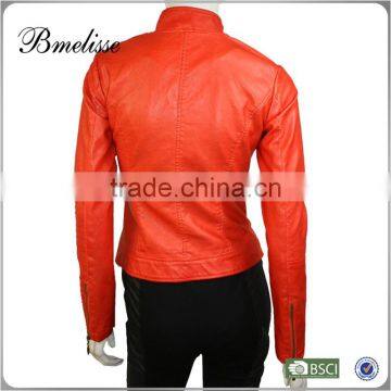 2014-2015 Wholesale Fashion Fake Fur Jacket Stylish Women's Orange Leather Jacket photo-2