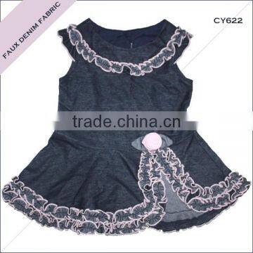 Fancy summer top quality faux denim fabric lovely design baby girl summer dress