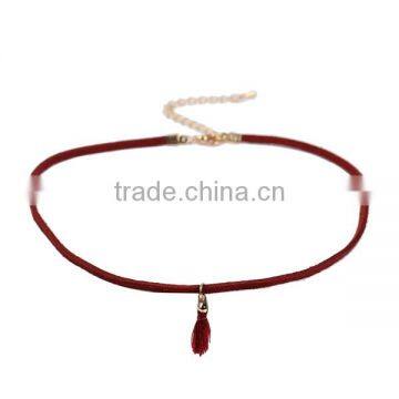 New Fashion Wine Red Velvet Suede Choker Necklace Gold Plated Tassel Pendant 34cm Long photo-3