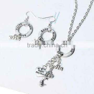 Circle Ring Antique Silver Message " FAITH LOVE HOPE " Heart "Happy New Year " 2016 Pendants Jewelry Necklace Earring Set