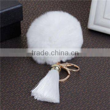 Cheap Wholesale gold Plated White Angora Pom Pom Ball Rayon Tassel Keychain