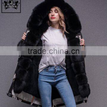 Windproof Real Fur Lining Women Winter Color Printing Long Parka Coat Fox Fur Trimmed Parka For Women