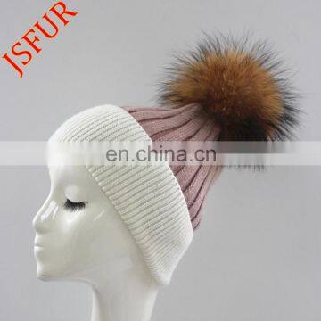 Unusual Ladies Hat Striped Beanie With Pompoms Fox Fur Pompom