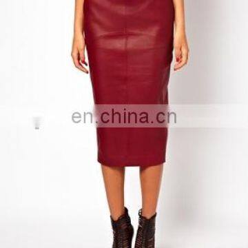 2015 A/W Women's Burgundy Leather Pencil Skirt