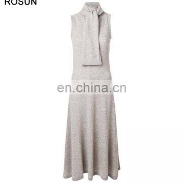 High Fashion Women 100% Wool Tie Neck Sweater Dress