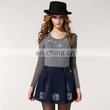 Fashion spring new style long sleeve knit T-Shirt wiht high waist demin skirt lady sets