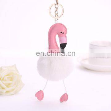 8cm Diameter Silver Lobster Clasp Pom Poms Flamingo Shaped Fur Puff Ball Keychain