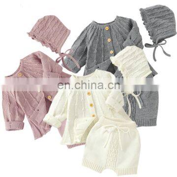 Baby knitting Clothing Sets Two Girls Suit Knit 0-2 Year Cotton Baby Knit Cardigan + PP Shorts +Hat 3Pcs Suit Baby Clothing Set