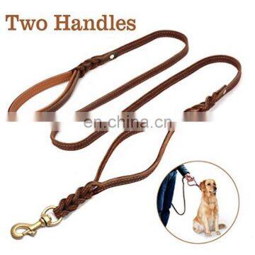 Wholesale Double Handle Dog Leash Copper Hook Leather Rope Dual Pet Leash
