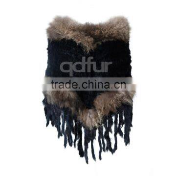 QD200121 Excellent Quality Women Wear Knit Winter Rabbit Fur Ponchos Sale With Raccoon Dog Fur Trim Long Fringes photo-4