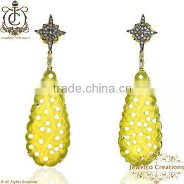 925 Silver Dangle Earrings, Yellow Agate Carving Gemstone Earrings, Pave Diamond Earrings, Manufacturer of Carved Jewelry