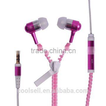 Novelty In-Ear zipper earphones high colorful zip earphones zipper earphone, factory price zip earphone