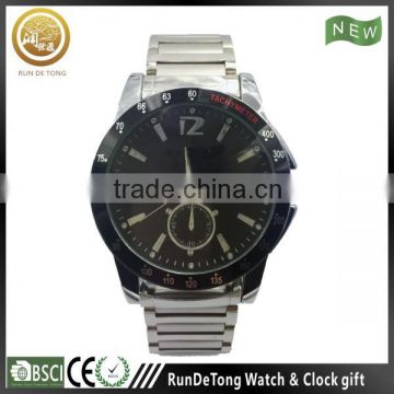 Silvery case black bezel stainless steel band 4 hands calendar tachymeter luxury watch man