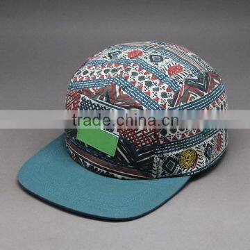 CUSTOM COTTON FABRIC FLAT BRIM ;EATHER PATCH 5 PANEL HAT