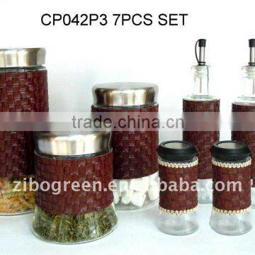 7pcs glass jar set with red leather coating