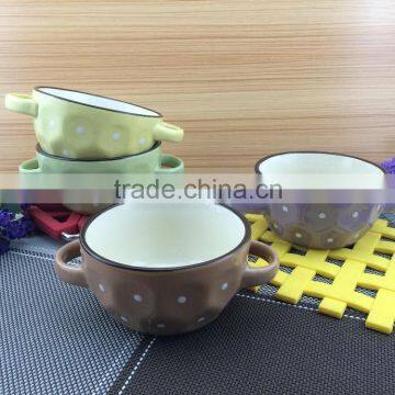 Two handle Dot design ceramic soup bowl