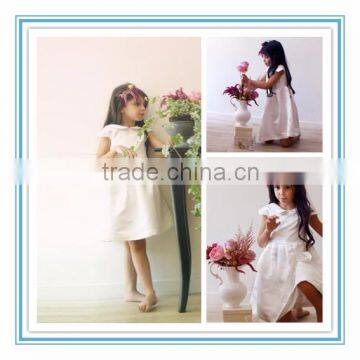 Latest A-Line Girly Sleeves White Satin Collar Knee Length Custom Made Flower Girl Dresses for Wedding 2015(DMTU-FG14)