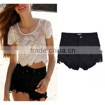 2016 Summer Fashion Women Lace Patchwork Ripped Denim Shorts Cotton Ladies New Style Tassel Fringed High Waist Short Pants