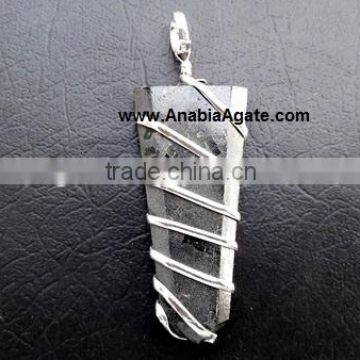 Black Tourmaline Wire Wrapped Flat Stick Pendant From India