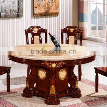 Chinese Style Dining Room Furniture, Solid Wood White and Gold Color Marble Top Lazy Susan Diing Table photo-2