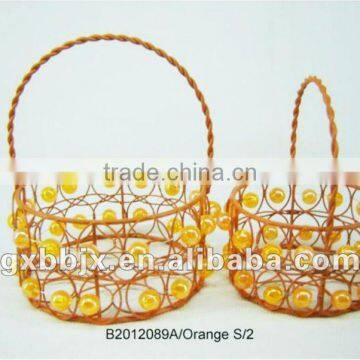 Set of Two Orange Round Iron/Plastic bead gift basket for home decoration