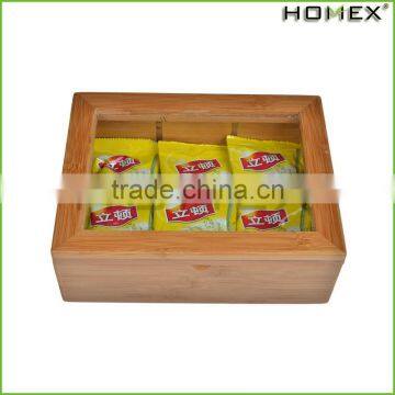 Bamboo Snack Tea Basket Tray Organizer With Clear Lid Window/Homex_Factory photo-2