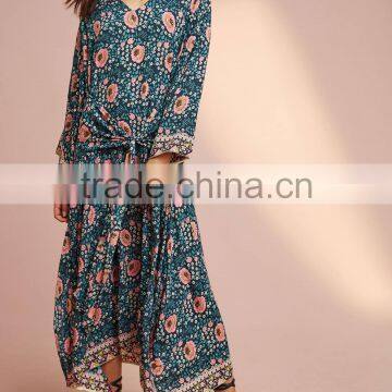 Boho Printed Long Sleeve Tie-Waist Details Frog Women Maxi Dress HSd5208 photo-3