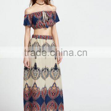 Vintage Print off the Shoulder Crop Top With Skirt Boho Clothing Top and Long Skirt Set photo-4