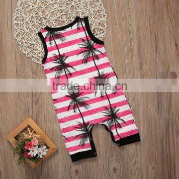 Summer Baby Sleeveless Coconut Tree Print Stripe Crotchless Bodysuit photo-4