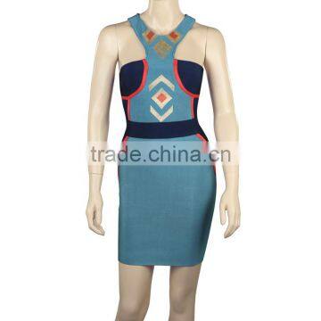 2015 New Arrival High Quality National Wind Elastic Knitted Bandage Dress Printed Celebrity Party Dress photo-2