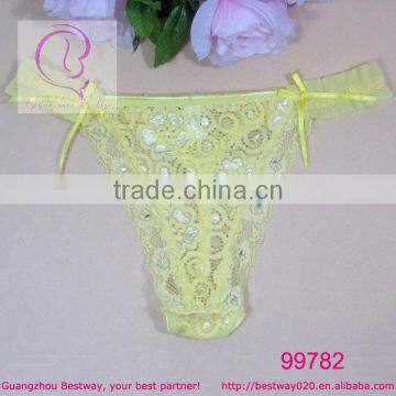 Hot sale g string with rhinestone & bow fulll lace transparent cheap price