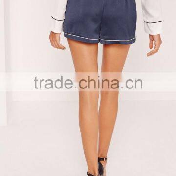 Custom Design Women Shorts Sleepwear Premium Satin Piping Detail Shorts Blue photo-3