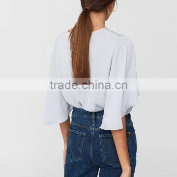 Batwing V Neck Bodysuit Women Casual Frill Sleeve Blouse Designs photo-6