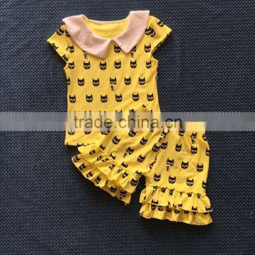 QL-365 shorts sleeve cat pattem design yellow suit baby clothes 2016