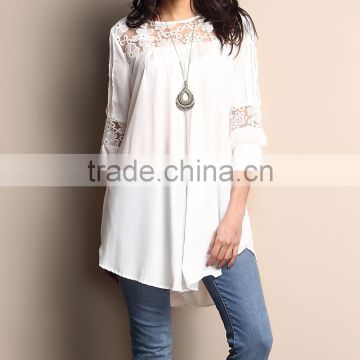 Free Shipping Women Outwear With White Lace Panel Tunic Women Tops Women Clothing GD90426-9