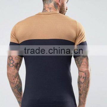 Mens Regular Fit T-shirt Polo With Colour Block Detail Tan Navy photo-2