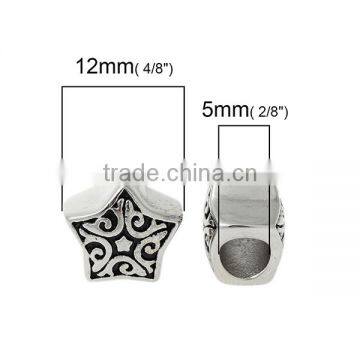 304 Stainless Steel European Style Large Hole Charm Beads Star Silver Tone Flower Carved Black Enamel About 12mm x 12mm photo-2