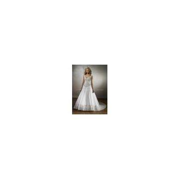 High quality satin lace appliqued beaded A-line bridal wedding dress custom made
