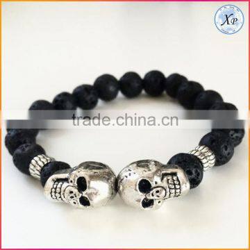 Fashion Double Skull Lava Bead Stone Bracelet